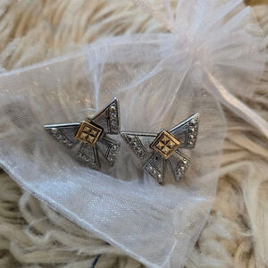 Vintage Avon Silver Gold Mica Stud Bow Earrings